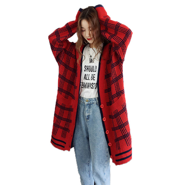 Fashion Woman Autumn Cardigan Sweaters Loose Oversized Knitwear Red Blue Plaid Chunky Knitted Coat Women Cardigan Sweater Winter