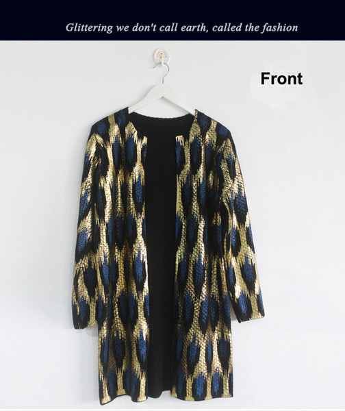 Fashion Glitter Gold Print Long Sweater Knit peacock pattern Cardigan Sweater Coat