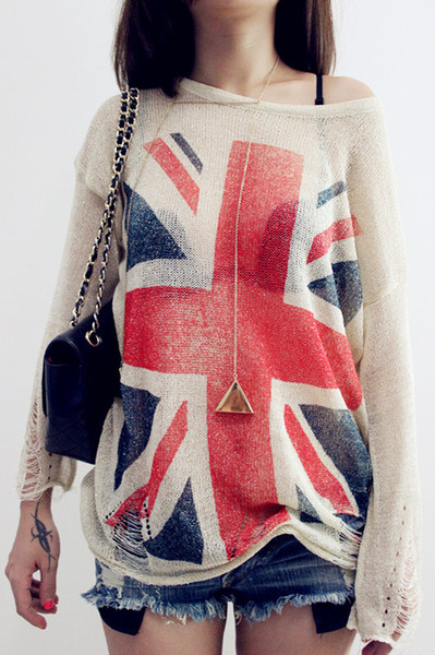 Distressed Frayed Jumper Hole Knitwear Sweater Oversized British UK Flag Style