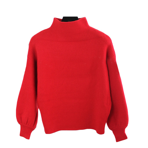 Women Autumn new solid color semi-high collar lantern sleeve sweater