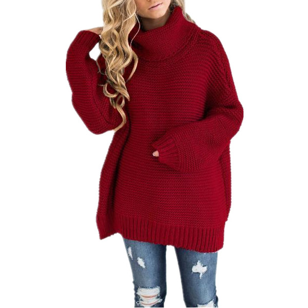 Women's New Thick Sweater Turtleneck Green Red Christmas Sweater High Collar Shirt