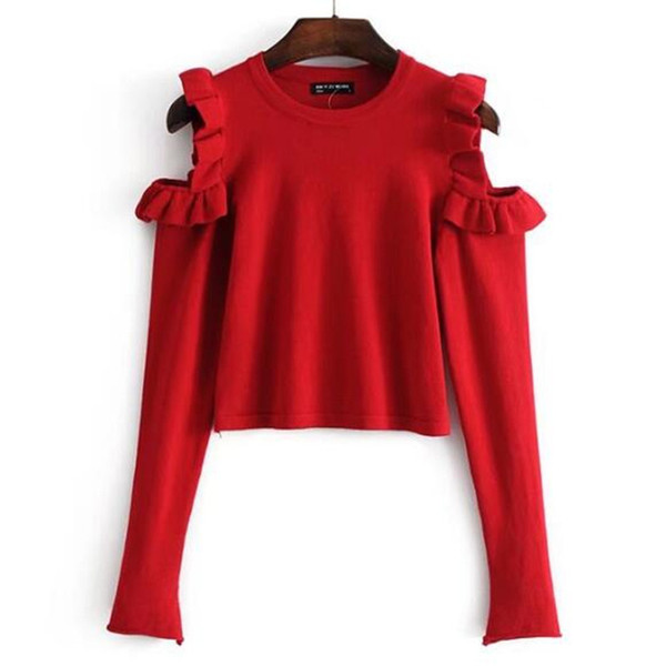 Sexy Hollow Out Shoulder Ruffles Wood ears Sweater Vintage New Woman Slim Knitted Pullover Knitwear White Black White Red Khaki