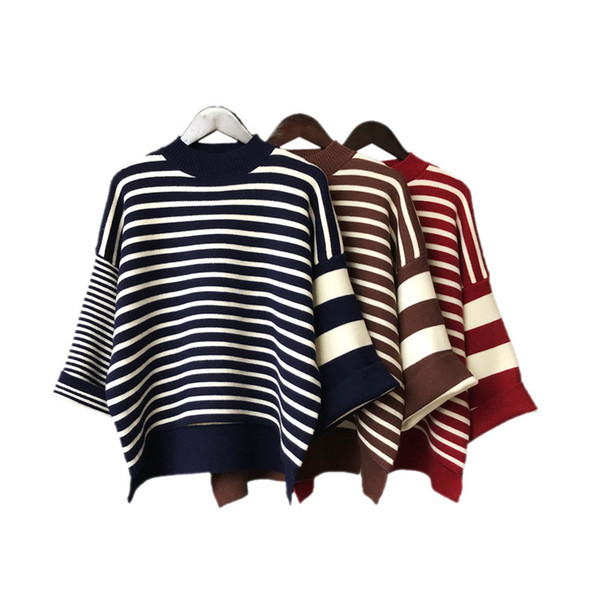 Tissarlg Women Autumn Sweater O-neck Full Pullover Flare Sleeve Patchwork Casual Stripe