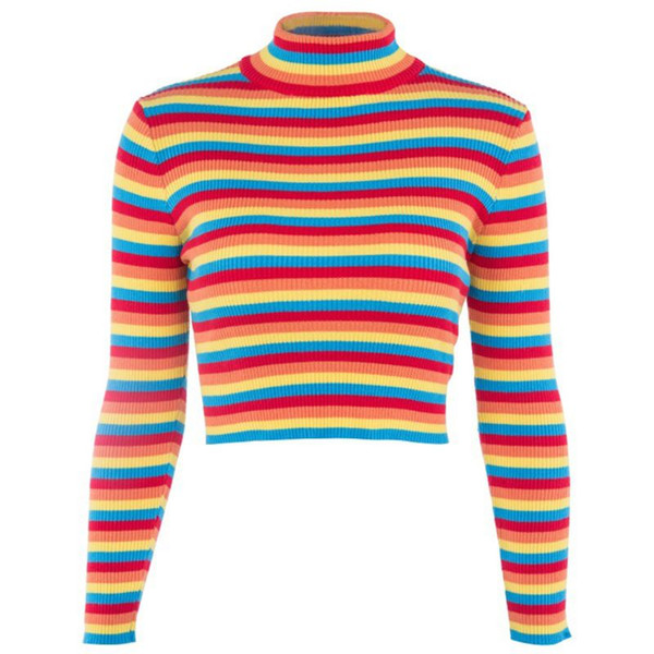 Womens Spring Long Sleeve Turtleneck Sweater Rainbow Stripes Short Crop Tops Bodycon Ribbed Knitted Basic Pullover Jumper