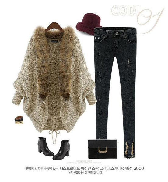 Winter New Cardigan Poncho Fur Collar Outerwear Women Sweater Knitted Brand Casual Knitwear Jacket 