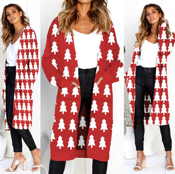 Women Winter Clothes Leopard Cardigan Long Length Warm Woolen Sweaters Red Christmas Deer Warm Cardigan Free Shipping