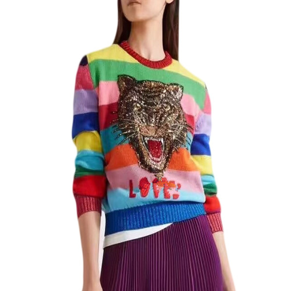 Luxury Sweaters Women Soft Rabbit Fur Pullovers Cartoon Tiger Embroidery Letters Knitted Sweaters Rainbow Striped