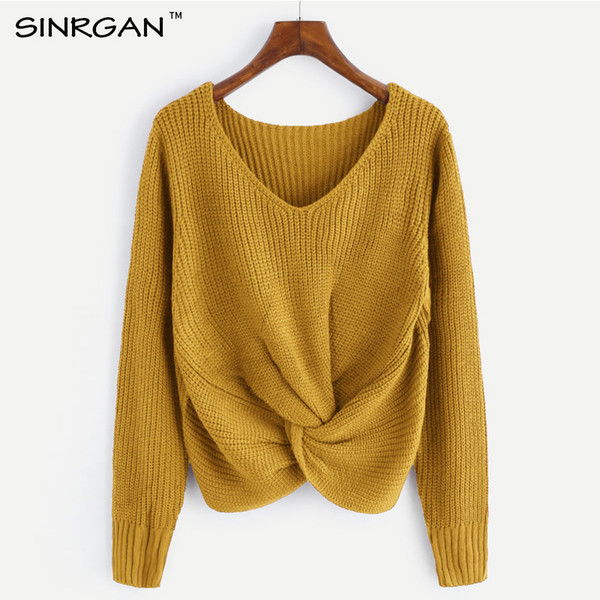 SINRGAN Long sleeve v- neck twist sweater shirt Sweet Burgundy Women Pullovers Knitted Jumper Casual Solid Sweater pull female