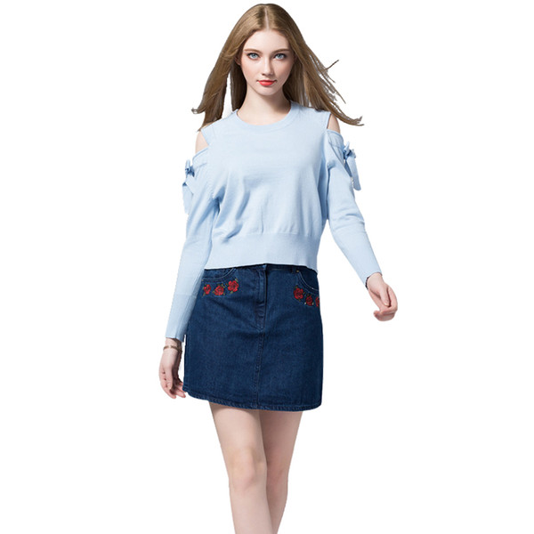 Spring Women With Open Fork Shoulders Bowknot Knitted Solid Pullover Sweater