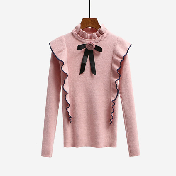 New Autumn Winter Runway Designer Women Sweater Pullover Tops Sweet Bow Tie Ruffles Turtleneck Knit Basic Knitted Sweaters