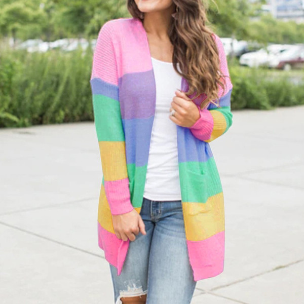 Autumn lady's sweater Long Sleeve Patchwork Knitted Open Front Rainbow Striped cardigan coat lady's sweater Female cardigan