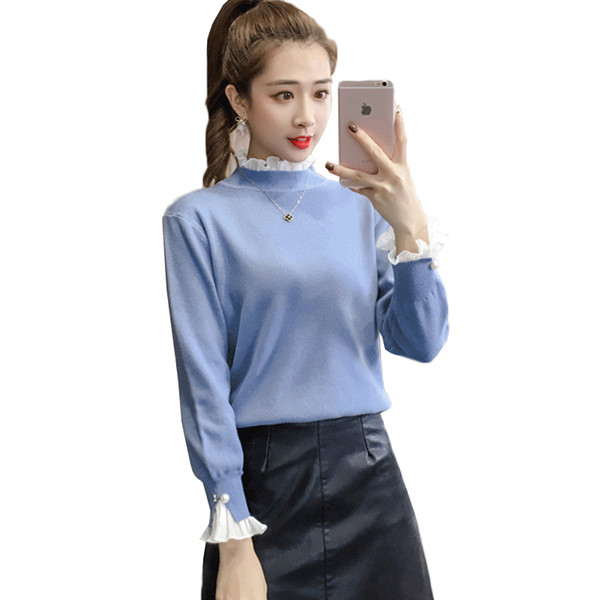 Women Sweater Pullover 2019 Autumn Winter New Fashion Ruffle Half Turtleneck Sweater Long Sleeve Fake Two Knitwear Female Tops