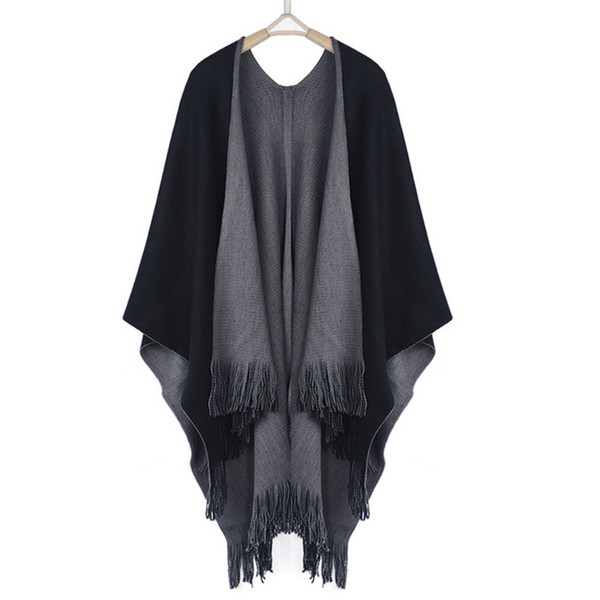 Wholesale- New Winter Women Loose Tassel Oversized Knitted Cashmere Women Long Thick Poncho Capes Duplex Shawl Cardigan Sweater WCDCP611001