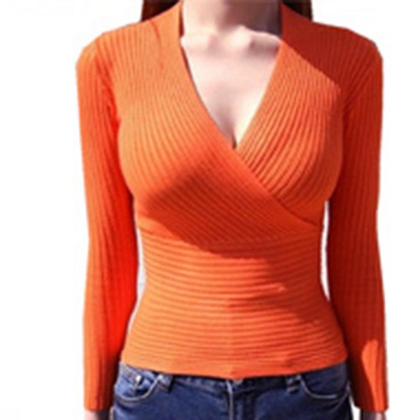 Spring Fashion Sexy Women's Casual V-neck Sweater Nine-point Sleeve Short Low-cut High-elastic Tight-fitting Pullover Sweater