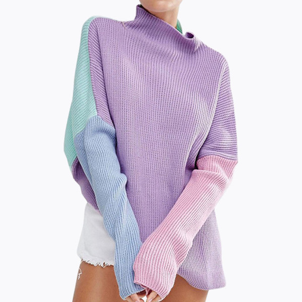 Women Rainbow Sweater Pullover Stitching Colors Long Sleeve Casual Pullover Turtleneck Patchwork Knitted