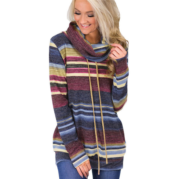 Turtleneck Sweater Women Autumn Winter Long Sleeve Sweater Striped Multicolor Casual Pullover Lace Up Knitted Tunic