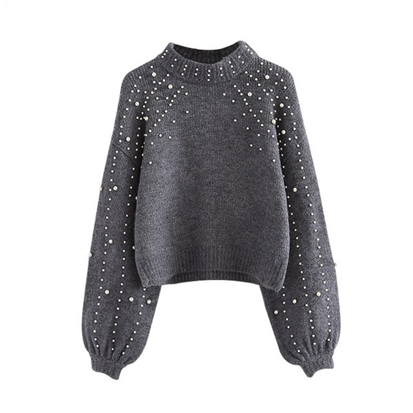 Pearl Beaded Rib Knit Jumper Winter Sweater Womens Pullover Sweaters Grey Stand Collar Long Sleeve Tight Sweater WG229