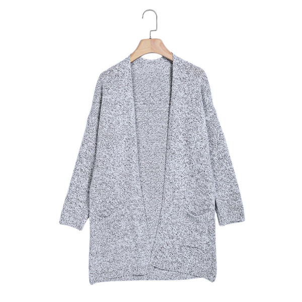 Trendy Collarless Long Sleeve Pocket Open Front Knitted Women Cardigan