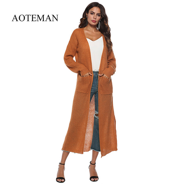 AOTEMAN 9 Colors Autumn Winter Sweater Women Fashion Casual Solid Sweater Jacket Vintage Loose Long Knitted Sweaters Cardigan