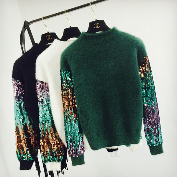 Wholesale- fashion loose sequins sleeve pullover women autumn winter knitted sweater