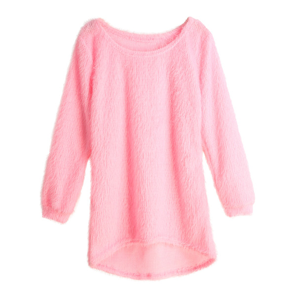 Wholesale- Autumn Winter Women Fluffy Knitted Sweater O-Neck Dip Hem Pull Femme Long Sleeve Ladies Loose Tricot Casual Warm Mohair Pullover