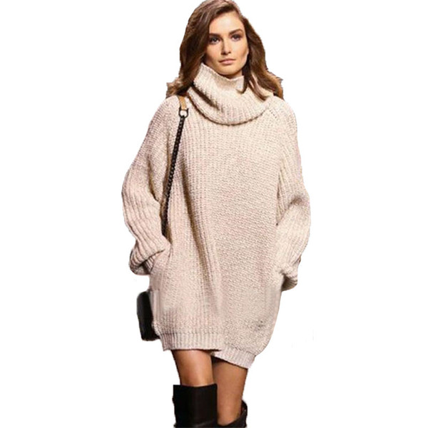 Wholesale- Large size Women Knitted Sweaters fashion Apricot Thick warm pullovers Turtleneck loose pocket knit sweater High Neck Jumper