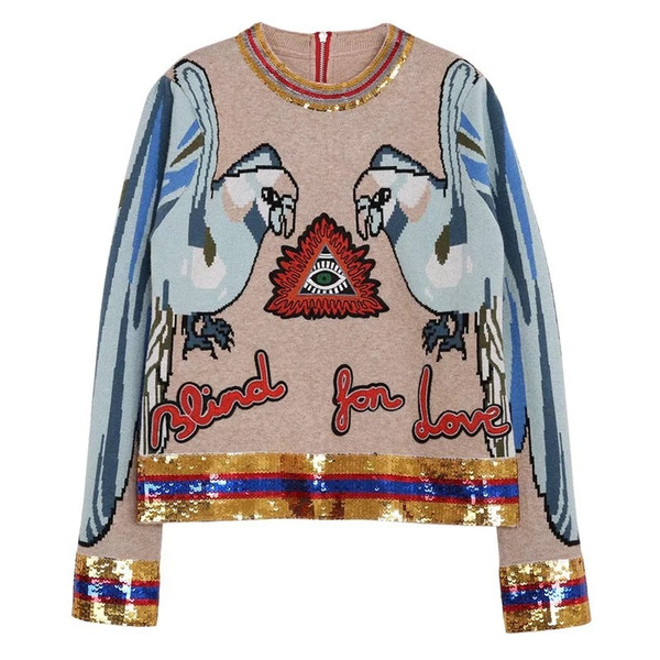 2019 Spring Autumn Runway Embroidery Sequined Knitting Sweaters Fashion Parrot Jacquard Long Sleeve O Neck Women Pullover Jumper