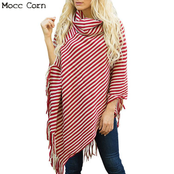 Mocc Corn Women's Turtleneck Striped Sweater Shawl Wrap Tassel Cloak Coat Casual Pullover Female Stripe Knitted Tops Warm Winter