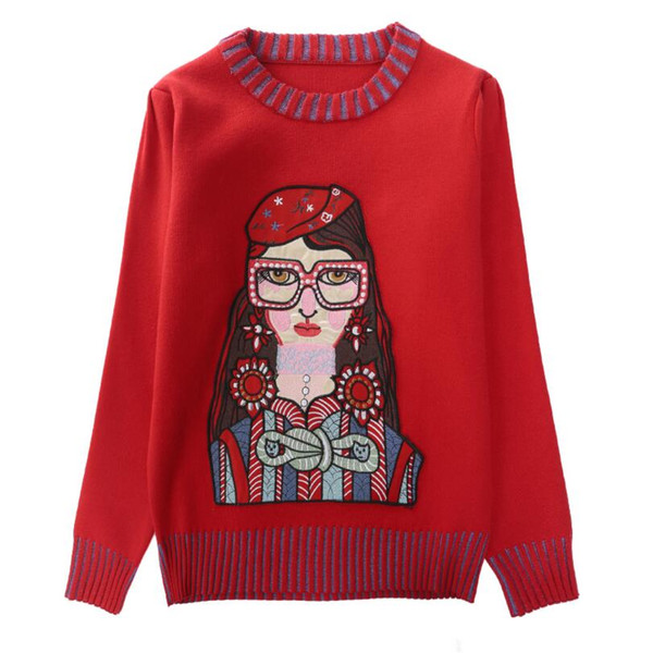 Autumn Winter Glasses Girl Red Knitted Sweater Pullovers Women Diamond Female Lady Sweaters Jumper Clothes