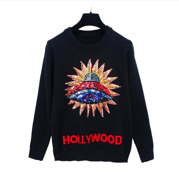 Women New Vintage 3D UFO Sequins Warm Sweaters Long Sleeve O Neck Pullovers Winter Autumn Knitted Retro Tops Blusas