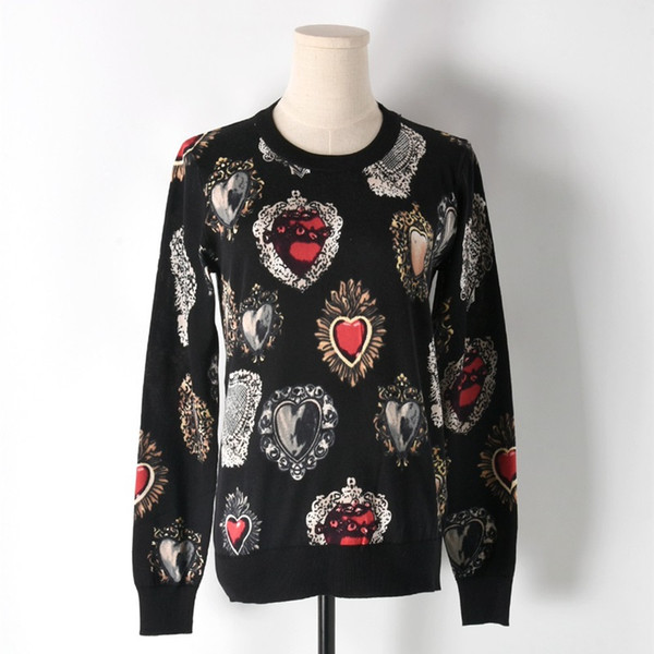 Winter 2018 Vintage Runway Designer Brand Knitted Sweater Pullover Gem Heart Print Long Sleeve Korean Black Jumper Clothing