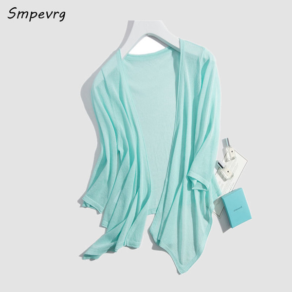 Smpevrg summer thin ladies cardigan women sweater v-neck half sleeve linen sweater women knitted female cardigan wrap swing coat