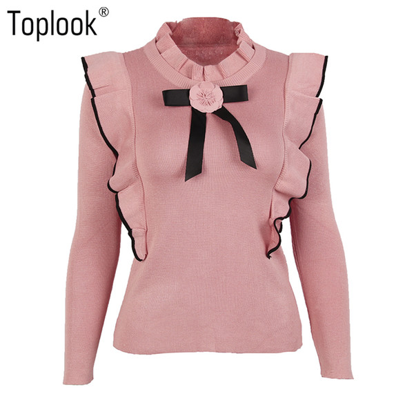 Toplook Vintage Ruffles Womens Sweaters Pullovers 2017 Fashion Winter and Autumn Long Sleeve Turtleneck Bow Knitted Sweater