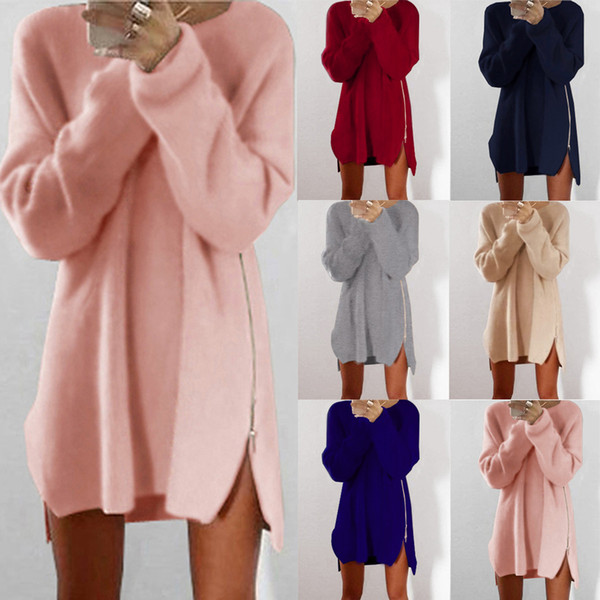 Sexy Womens Ladies Winter Long Sleeve zipper Jumper Tops Fashion Girls Knitted Oversized Baggy Sweater Casual Loose Tunic Jumpers Mini Dress