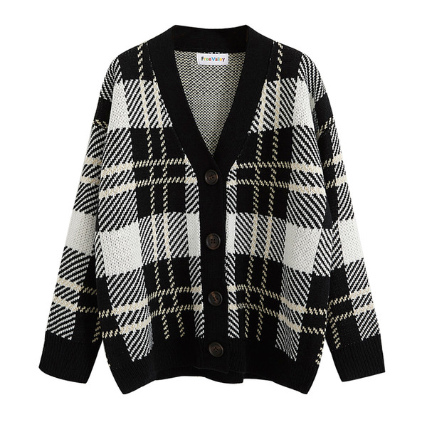 2018 Women'S Clothing Kawaii Ulzzang Retro Black And White Plaid Loose Sweater Cardigan Knitting Vintage Sweaters For Women