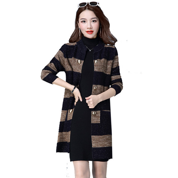 New Fashion 2018 Autumn Outerwear Women Long Sleeve Striped Printed Cardigan Casual Patchwork Knitted Sweater Plus Size 4XL P141