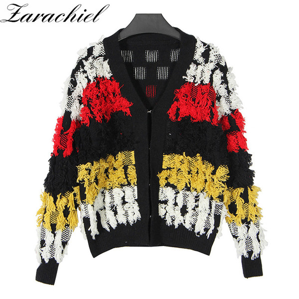 Zarachiel Runway Chic Hit Color Patchwork Tassel V-Neck Cardigan 2017 Women Crochet Winter Striped Sweater Retro Knitted Outwear