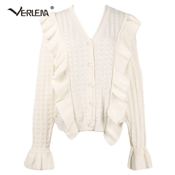 Ruffle Patchwork Autumn Sweater Women 2018 V-Neck White Hollow Geometric Winter Clothes Knitted Sweater Verlena Pull Femme Hiver