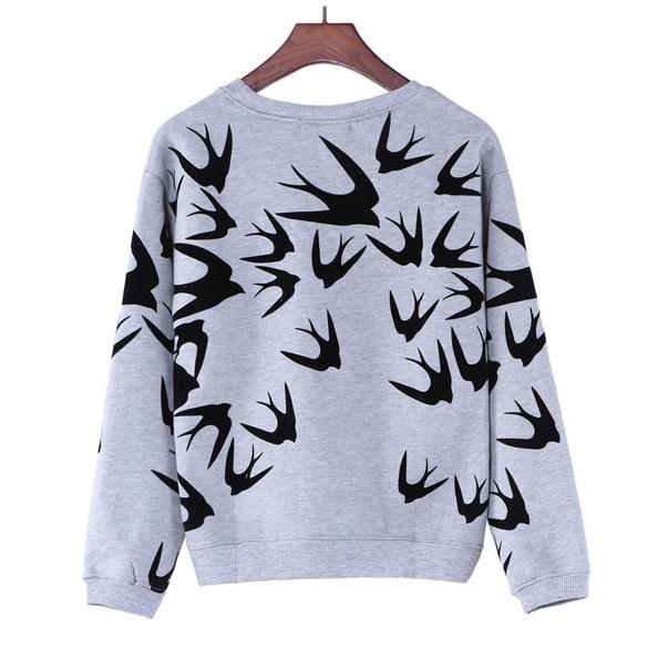 Wholesale- Women Clothing Fashion Grey Crewneck Sweater Full Sleeve 3D Swallow Pullover Sweater Tops