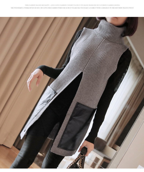 2017 Autumn Winter New Brand Women Pullover Cardigan Long Split Turtleneck Sweater Sleeveless Fashion Sweater Women Q1572