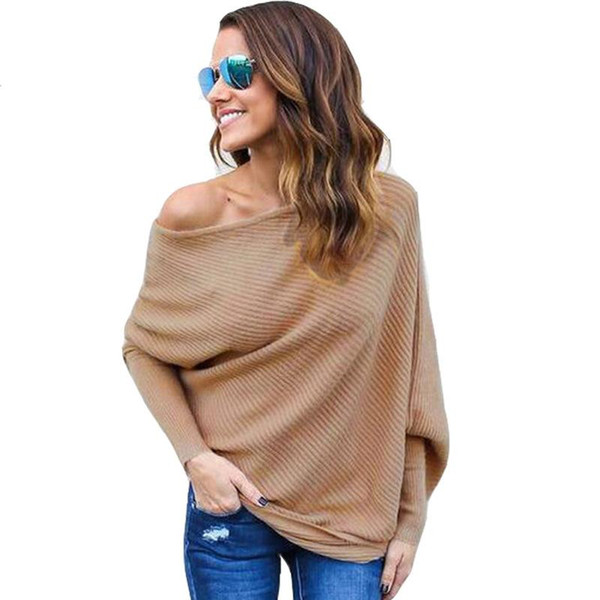 2017 Fashion Women Sweaters With Batwing Slash Neck Autumn Casual Knitted Pullovers Sweater Jumper Loose High Quality Woman Solid Clothes