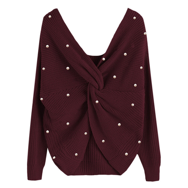 Gamiss Women Casual V Neck Twisted Sweater Sweet Burgundy Knit Jumpers Long Sleeve Sweaters Pearl Beading Pullover Pull Femme