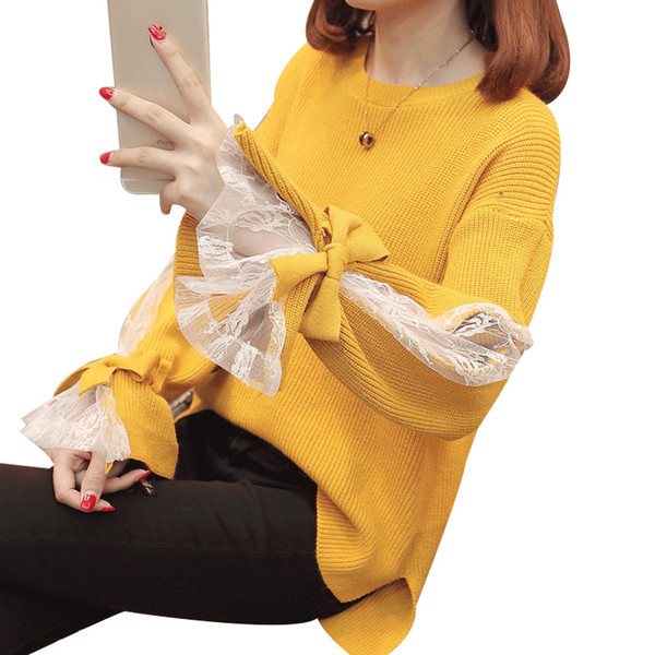 Spring Women Pullovers and Hollow Out Lace Sweaters 2019 Sexy Yellow Knitted Sweater Female Womens Jumper Tops Pull Femme L189