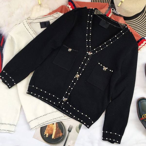 2018 the new small sweet aristocratic wind heavy hammer bead v-neck knitting cardigan sweater long-sleeved short coat