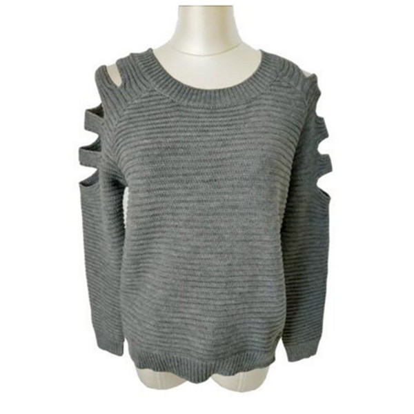 Women Casual Solid Color Shoulder Hollow Out Pullover Long Sleeve Knitted Sweater Tops