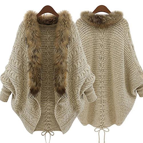 Women Faux Fur Collar Batwing Sleeve Loose Casual Warm Cardigan Shawl Sweater