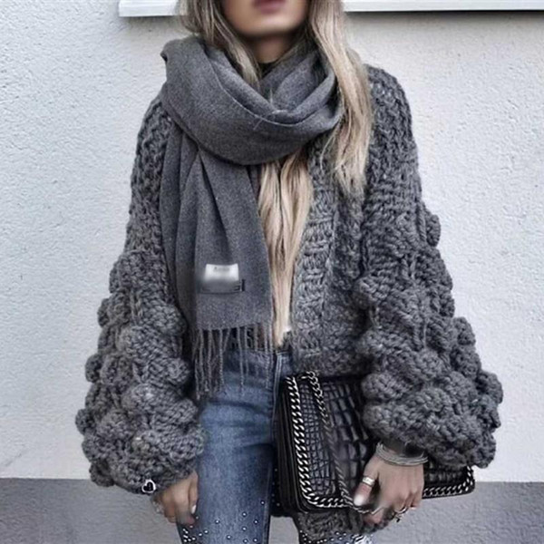 Female Cardigan women's Sweater Lazy 3D BallsFloral Crochet sweater Women Loose Knit Lantern Sleeve Coarse Wool Pull Femme Hiver