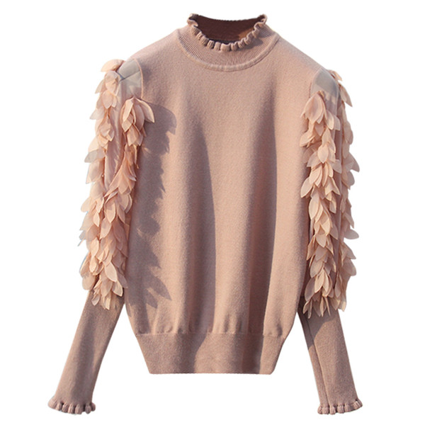 GIGIGO Ruffled Collar Knitted Women Sweater Spring Autumn Loose Jumper Fashion Flowers Sleeves Sweater and Pullover Femme Pull