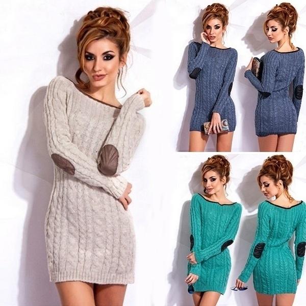 Women Patchwork Knitted Sweater Dress Long Sleeve Round Neck Slim Fit Package Hip Mini Dresses