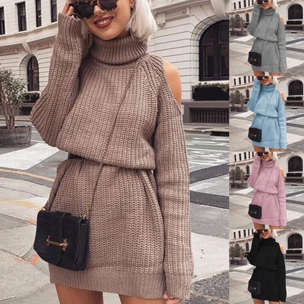 Women's Autumn Winter Fashion Sweater Long Section High Collar Solid Color Pullover Plus Size Long Sleeved Loose Sexy Strapless Warm Knit Sw